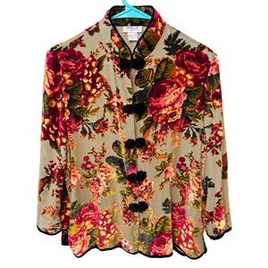 Ania A Jacket Women XL Green Floral Pre-owned Silk Burnout Velvet Frog Closure